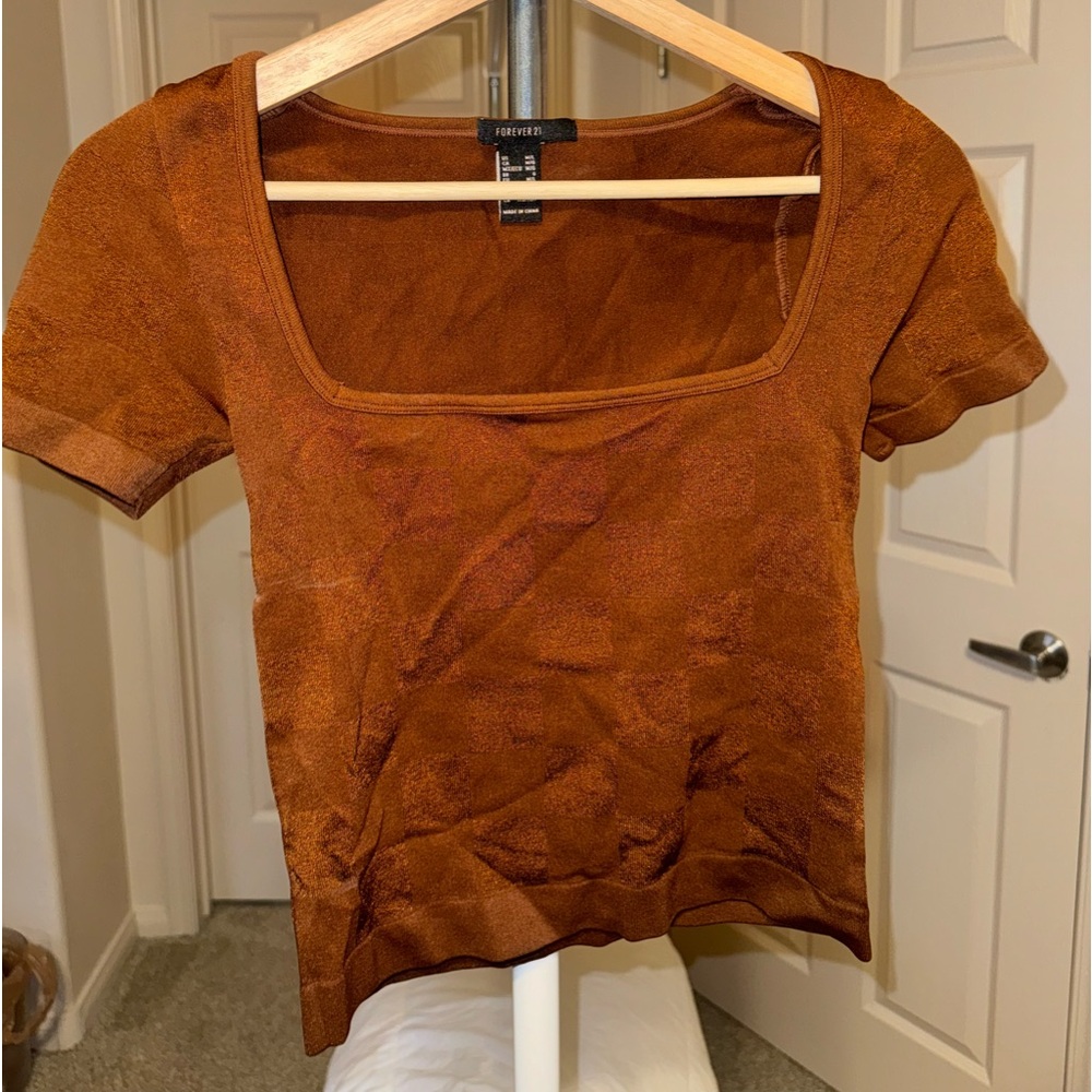 Forever 21 bronze checkered pattern cutout top